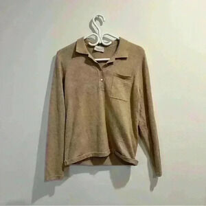 Womance | womens small tan  long sleeve polo sweater shirt with pocket